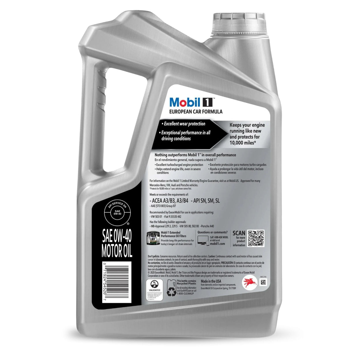Bidon Mobil 1 FS European Car Formula 0W-40, 4,73 L, vedere din spate cu specificații