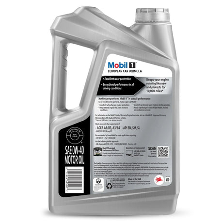 Bidon Mobil 1 FS European Car Formula 0W-40, 4,73 L, vedere din spate cu specificații