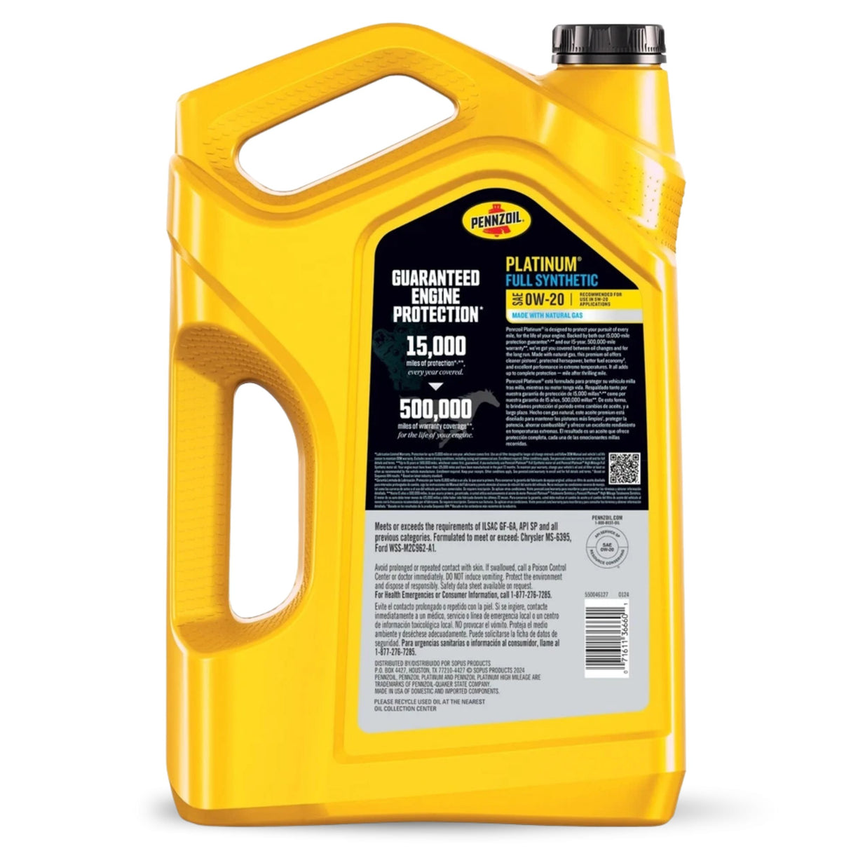 Eticheta Pennzoil Platinum 0W-20 cu standardele API SP, ILSAC GF-6A și informațiile tehnice ale produsului