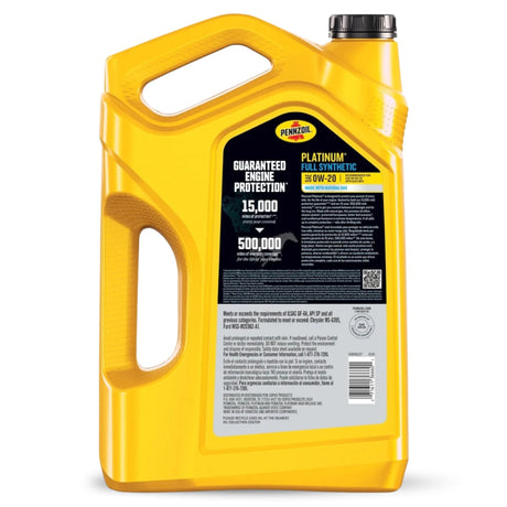 Eticheta Pennzoil Platinum 0W-20 cu standardele API SP, ILSAC GF-6A și informațiile tehnice ale produsului
