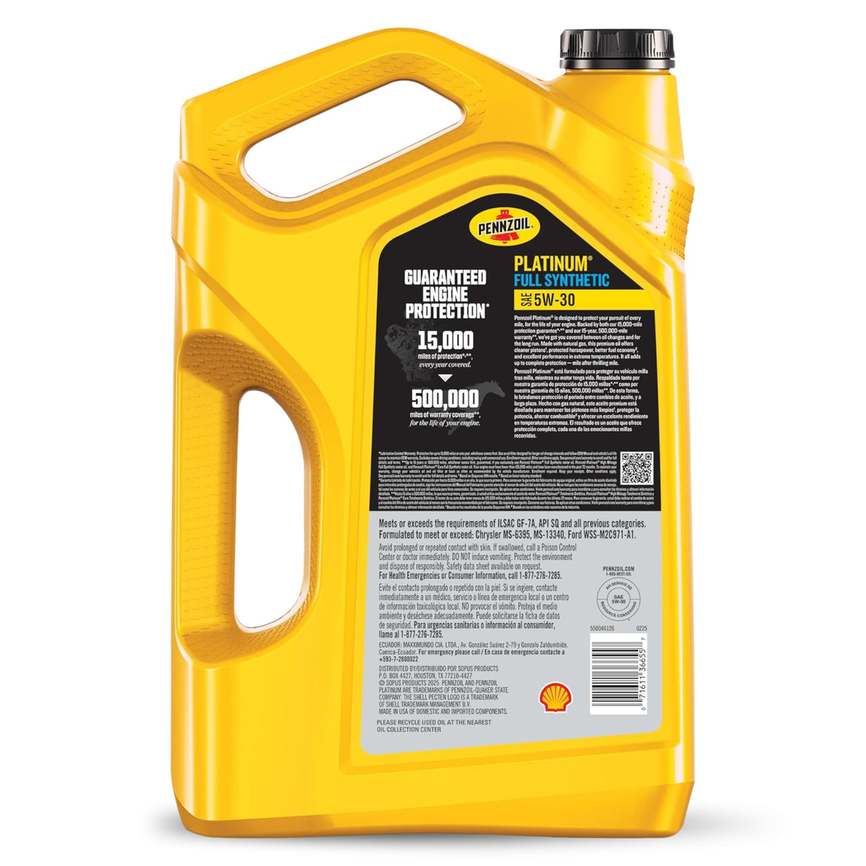 Eticheta Pennzoil Platinum 5W-30 cu standardele API SQ, ILSAC GF-7A și informațiile produsului